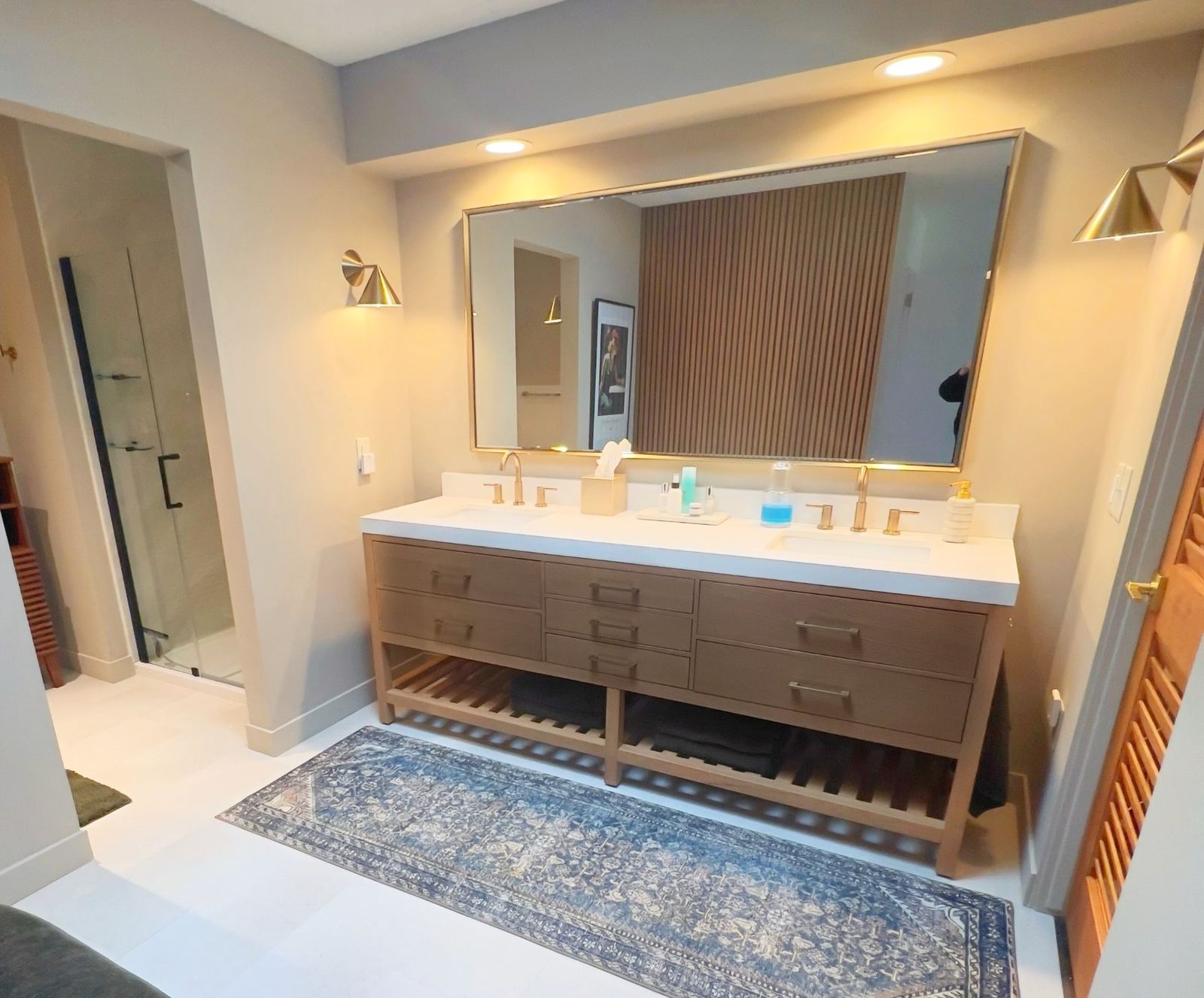 Finished bathroom remodel with updated vanity and walk-in shower