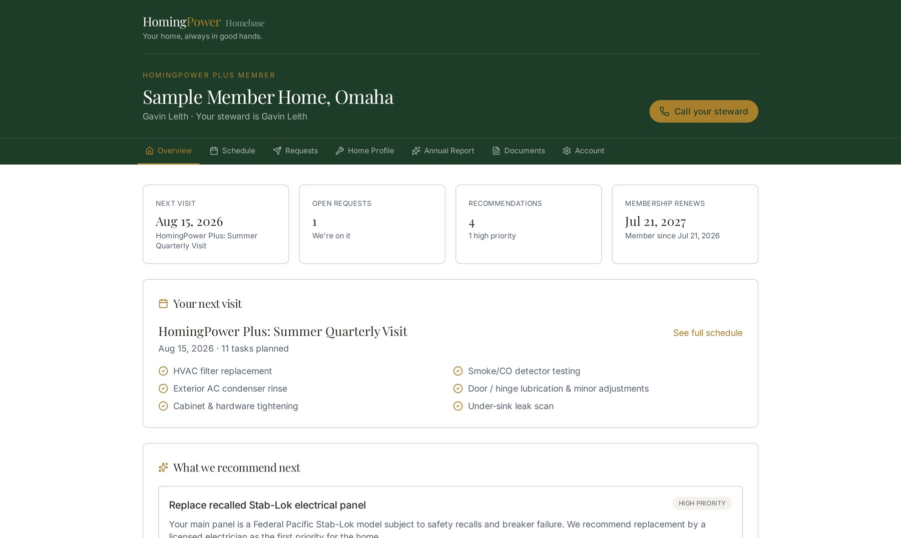 Homebase member dashboard showing the next seasonal visit, open requests, recommendations, and membership renewal