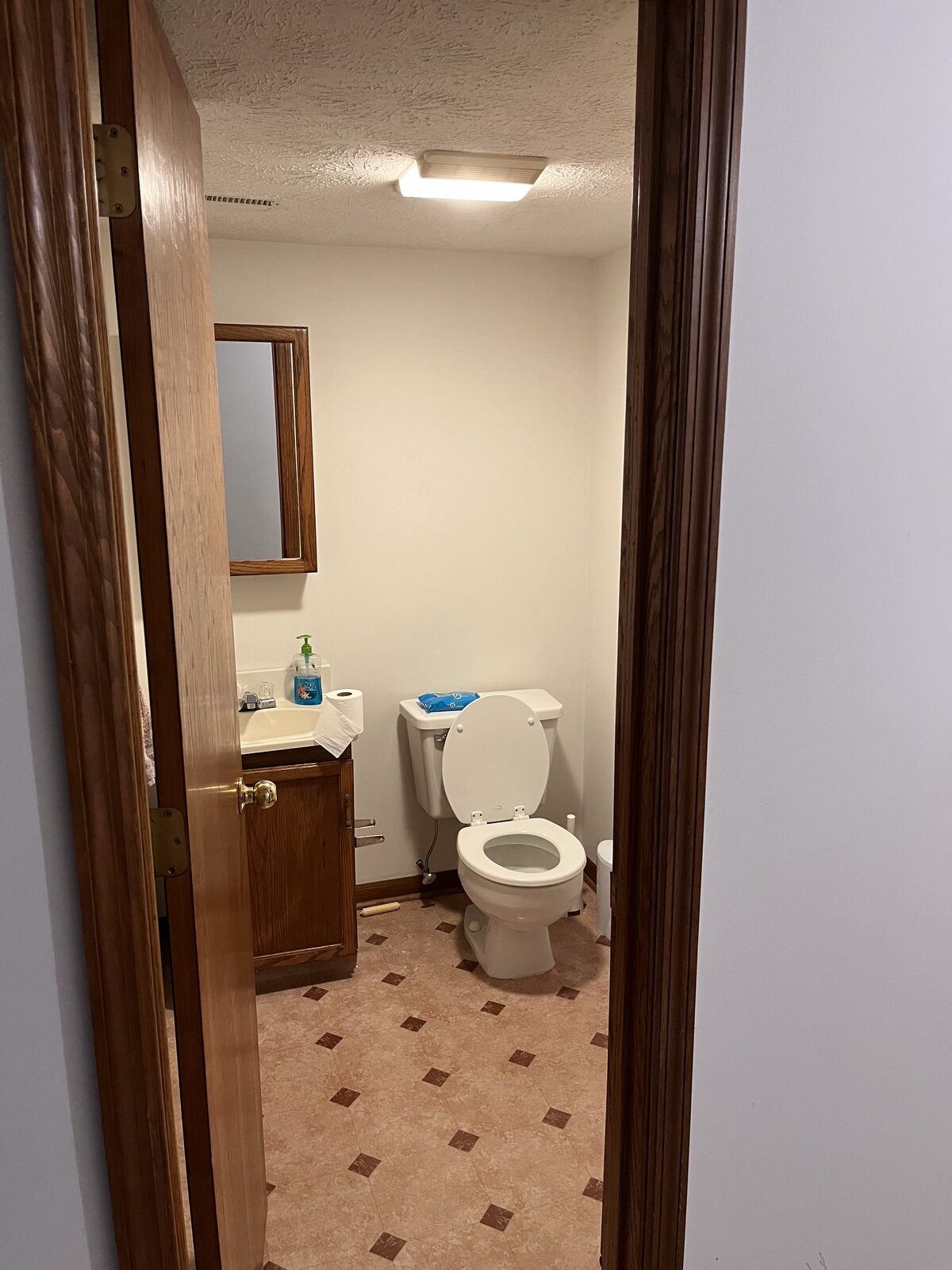Dated half bath with oak vanity, oak-framed mirror, and patterned vinyl tile floor before renovation